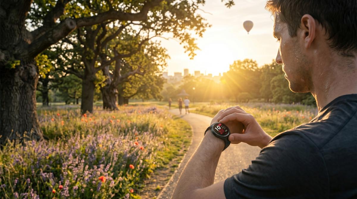 A person is jogging outdoors in the morning sunlight, checking their fitness watch on their wrist, which tracks their heart rate and calories burned. The bright screen of the fitness tracker displays important health metrics, making it an ideal workout buddy for monitoring fitness progress.