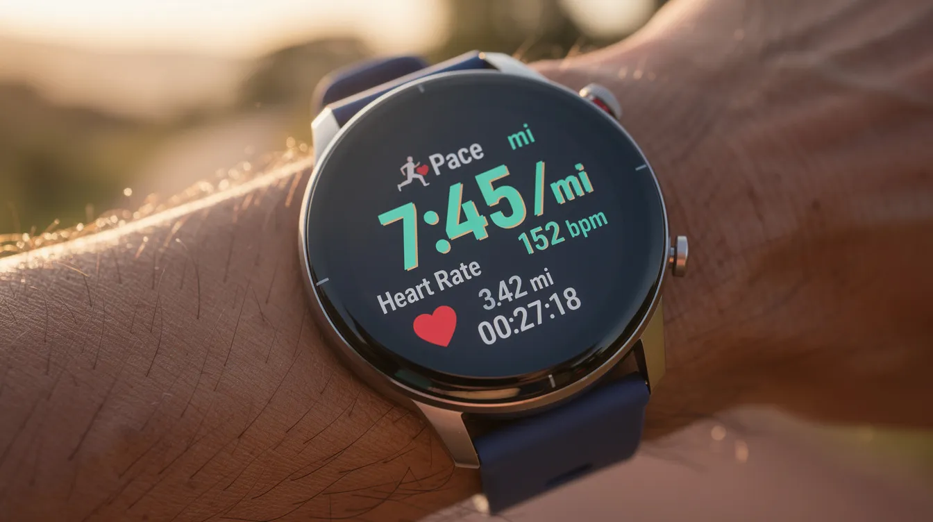 A close-up of a smartwatch display showcases running metrics, including pace and heart rate, highlighting its fitness watch capabilities. The bright AMOLED display provides clear visibility of the data, making it an ideal choice for tracking workouts during jogging or running activities.