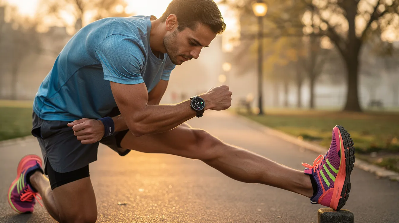 A runner is stretching before a jog while checking their smartwatch, which displays fitness metrics and training features. The smartwatch, likely an Apple Watch or a Garmin Forerunner, offers accurate GPS tracking and health insights to enhance their running performance.