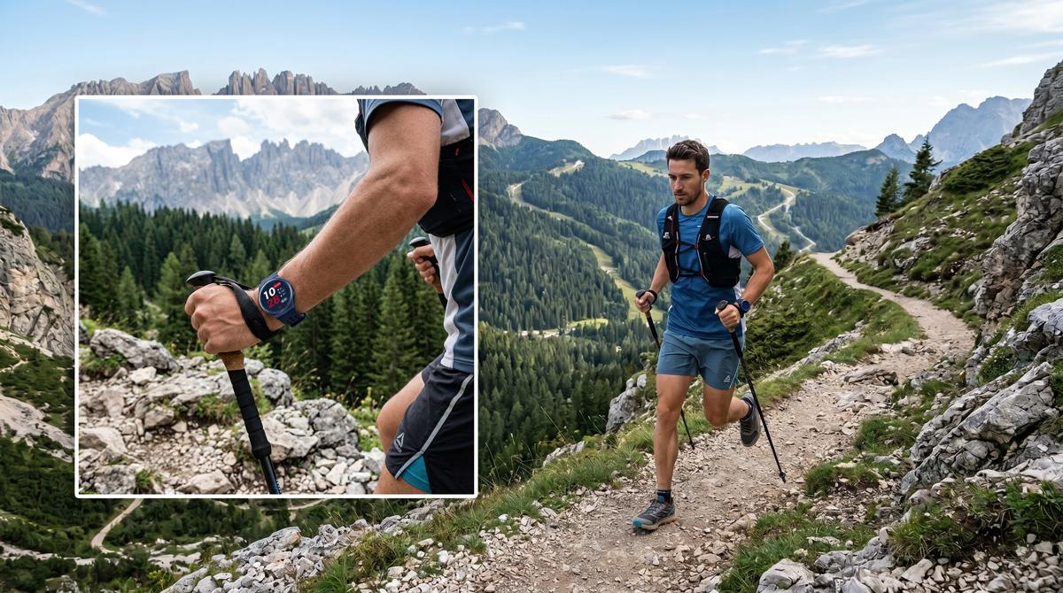 A trail runner is navigating a mountain path, equipped with a assisted GPS watch that offers fitness tracking features, set against a backdrop of lush forest and towering peaks. This scene highlights the importance of using wrist-based fitness trackers for outdoor workouts, emphasizing their role as a workout buddy in enhancing health and fitness.