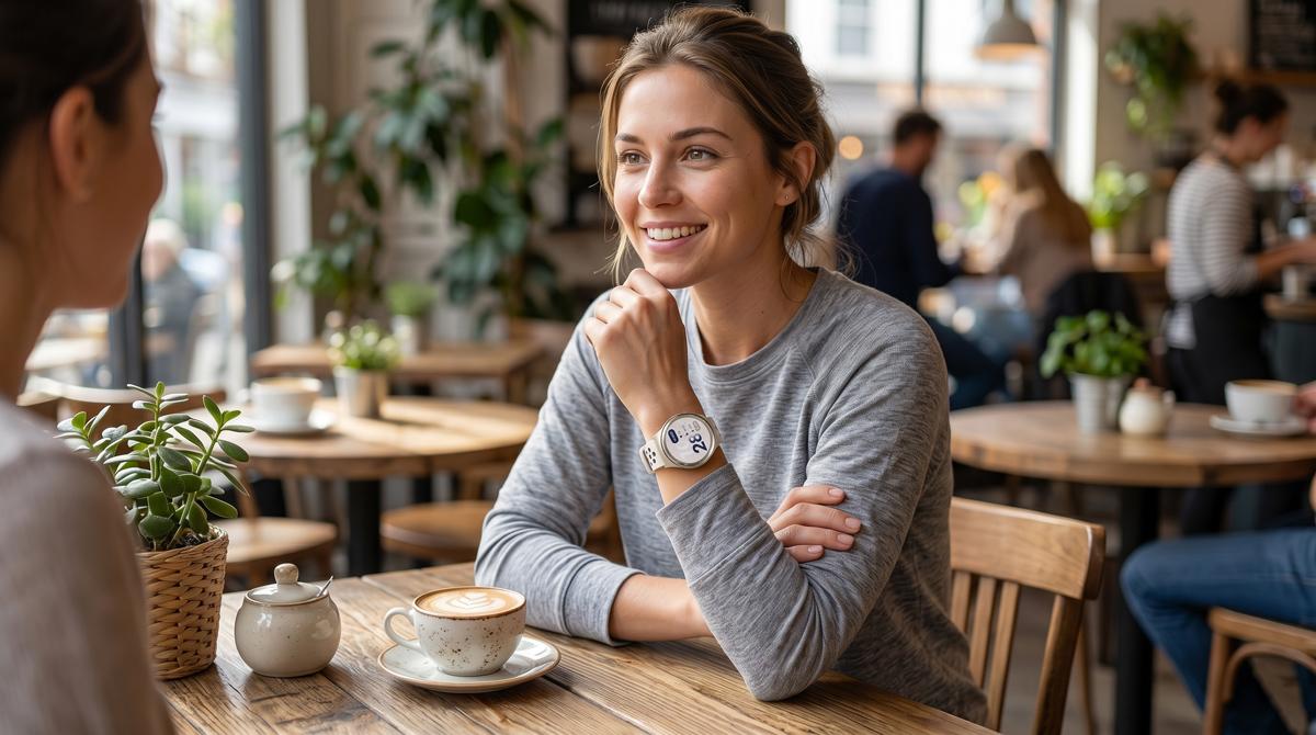 The image shows a woman wearing the Reebok Pulse Victory Gold smartwatch, highlighting its sleek design and suitability as a premium fitness watch that balances style, functionality, and durability for active daily wear.