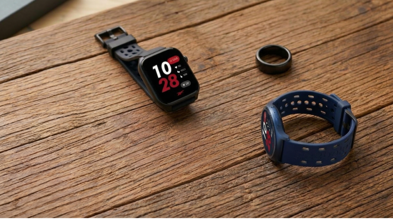 A variety of fitness wearable devices, including a smartwatch, fitness band, ring, and chest strap, are neatly arranged on a wooden surface, showcasing their sleek designs and diverse fitness tracking features. These devices are designed for monitoring heart rate, sleep, and activity levels, making them essential tools for achieving better health and fitness goals.