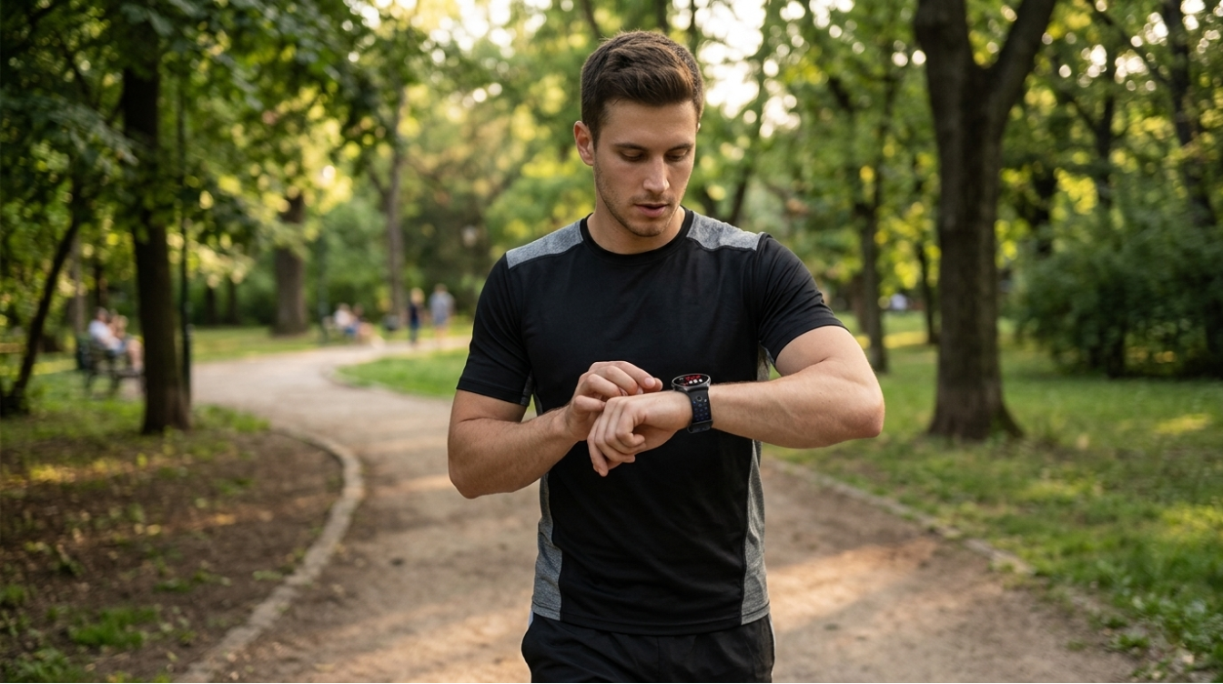 A man wearing a smartwatch while exercising in a park, checking fitness and health data during an outdoor workout. The smartwatch may feature activity tracking, heart rate monitoring, workout metrics, and smart fitness tools designed to support exercise and daily wellness.