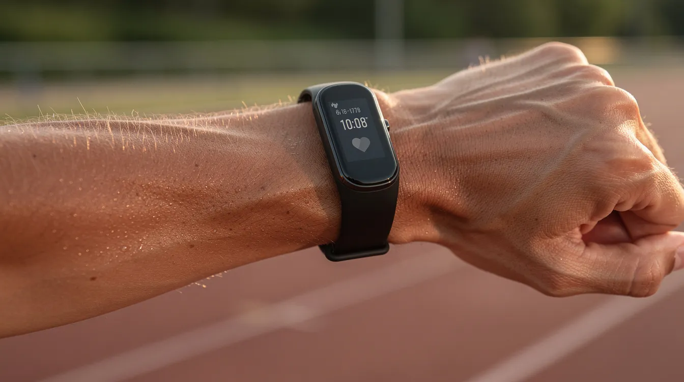 A close-up view of a wrist adorned with a fitness band, showcasing its sleek design as the person stretches before exercising. This fitness tracker, equipped with health monitoring features, is an essential tool for tracking workouts and improving overall fitness.