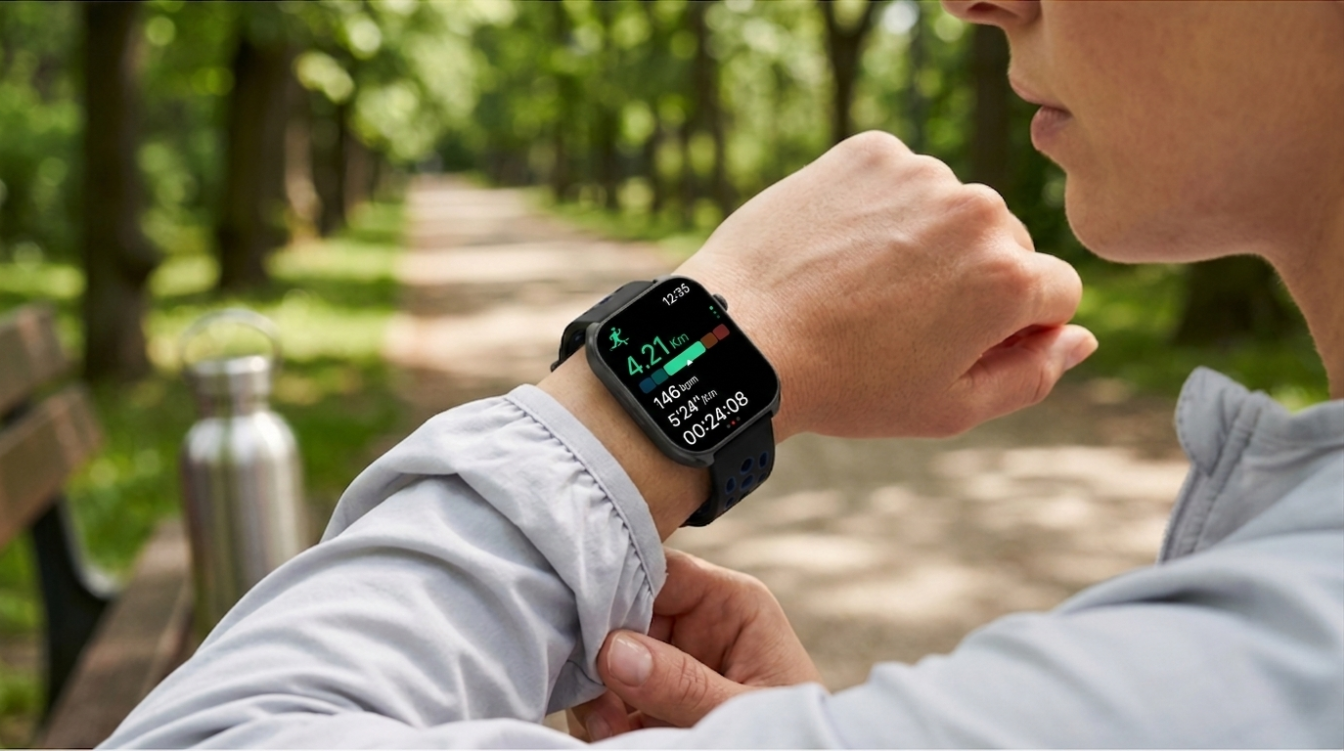A person checking a smartwatch during an outdoor walk or run in the park. The smartwatch display shows fitness tracking data such as distance, heart rate, pace, and workout duration, highlighting smart features designed to support exercise tracking and active lifestyles.