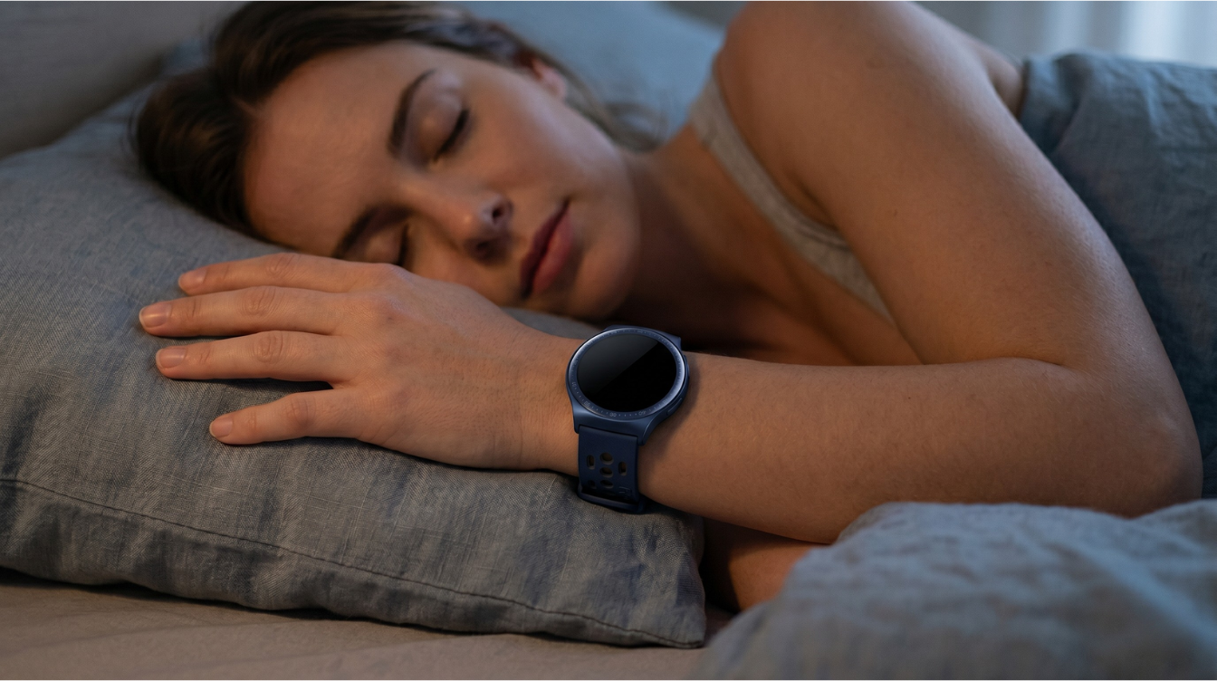 A person sleeping while wearing a smartwatch designed to track sleep patterns, recovery, and overnight health metrics. The smartwatch highlights wellness features such as sleep monitoring and health tracking to support overall well-being and daily recovery insights.