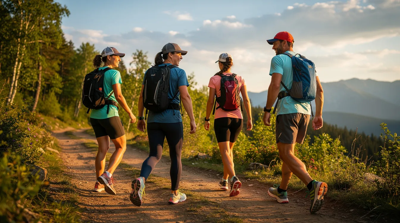 A group of friends is hiking on a scenic outdoor trail, dressed in athletic gear suitable for physical activity. They appear to be enjoying their adventure, possibly tracking their fitness metrics with smartwatches like the Apple Watch or Galaxy Watch, which offer features such as health monitoring and integrated GPS.