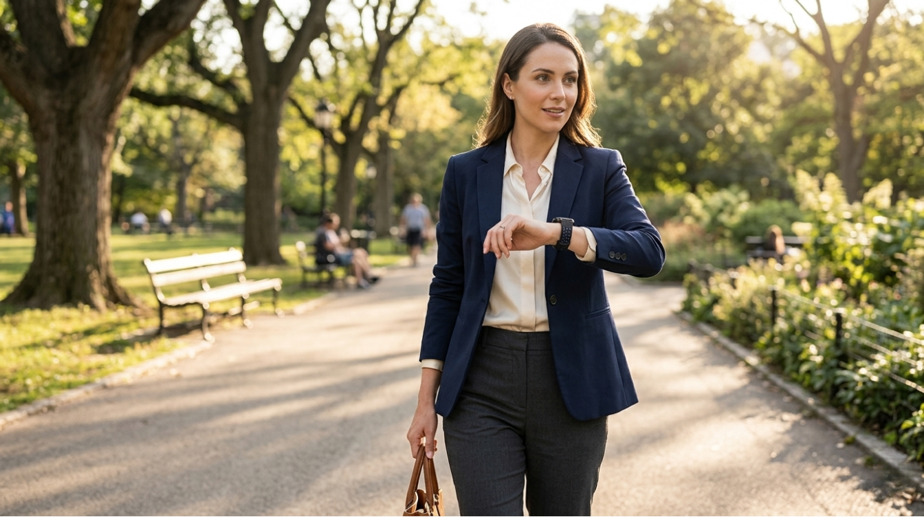 A woman in a stylish business casual outfit walks through a park, showcasing a Reebok Pulse smartwatch on her wrist that offers fitness tracking and health monitoring features. The smartwatch, highlights its sleek design and smart features while she enjoys her day outdoors.