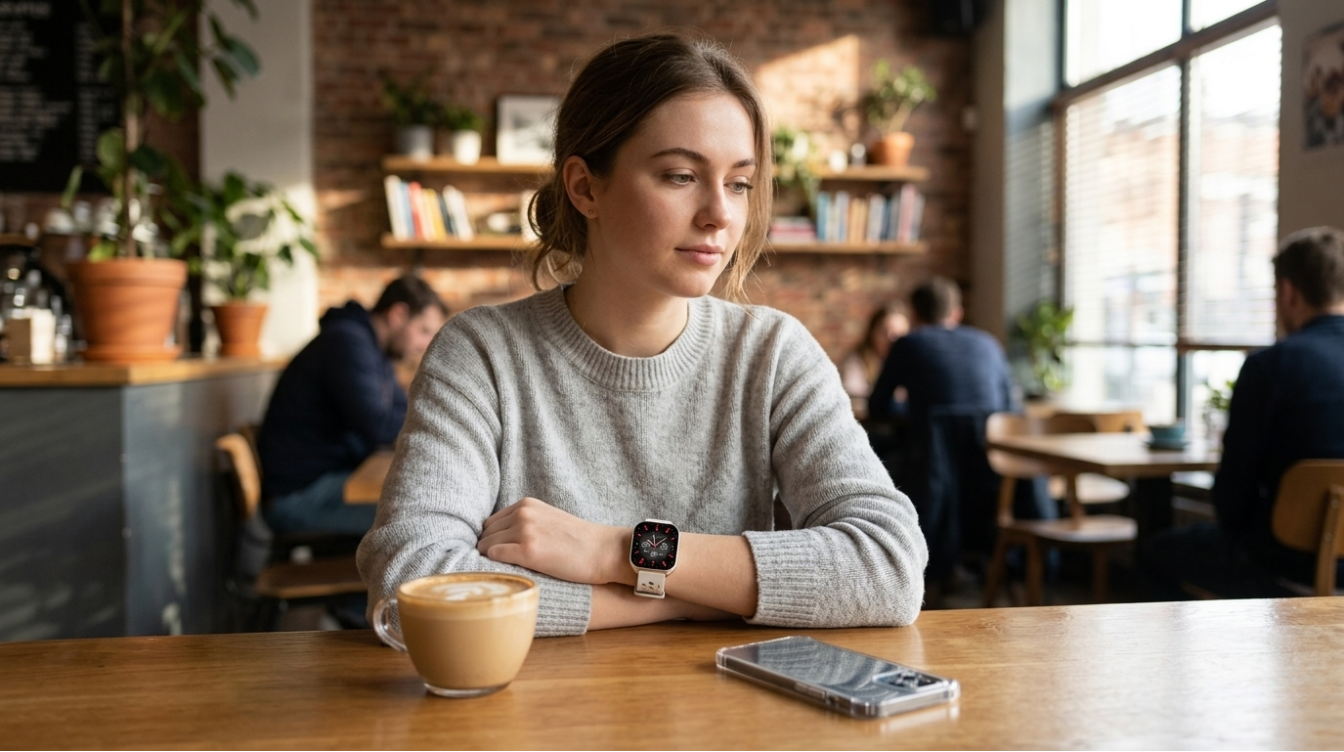 A woman is sitting at a cafe, wearing a stylish Reebok Icon smartwatch on her wrist, with a coffee cup and her phone placed on the table in front of her. The smartwatch features health tracking capabilities and fitness insights, making it a perfect accessory for women who value both style and functionality.