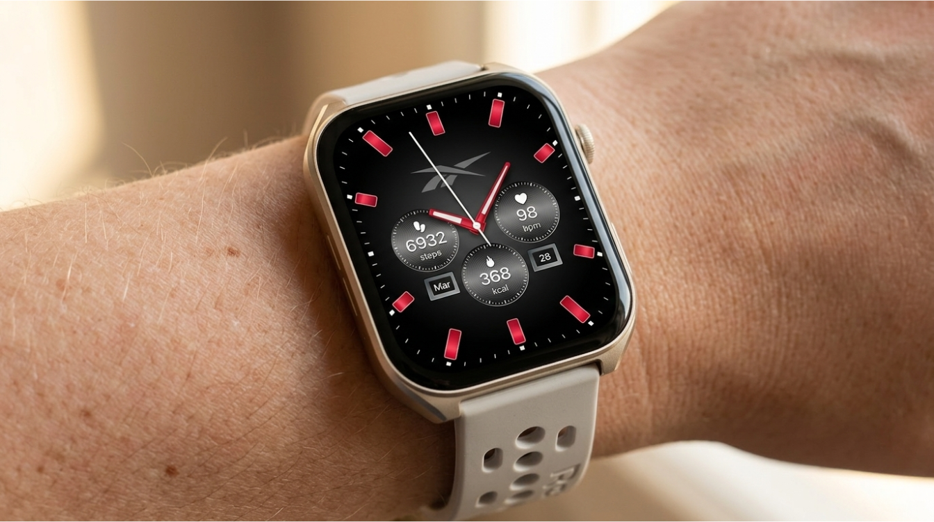A close-up view of a woman's wrist showcases a lightweight Rebook Icon smartwatch with a soft silicone band, perfect for fitness tracking and health monitoring. This stylish smartwatch for women features advanced capabilities such as sleep tracking and activity insights, making it ideal for those seeking to enhance their wellness.
