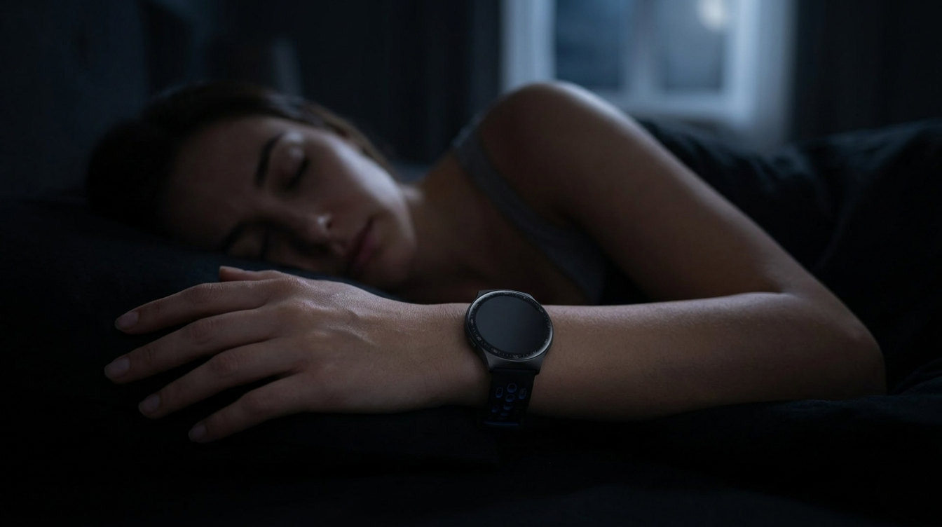A close-up, atmospheric photograph of a woman sleeping peacefully in a dark room at night. Her hand rests on a dark pillow, wearing a modern black smartwatch with a perforated black and blue band. . She wears a black Reebok Pulse smartwatch on her wrist, its dark circular display turned completely off and its distinctive black perforated strap with blue inner lining visible. The Reebok Pulse is actively tracking her sleep and 24/7 health data. The